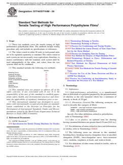 ASTM D7744/D7744M-20 ASTM D7744/D7744M-20 - Standard Test Methods for Tensile Testing of High Performance Polyethylene Films - Page 1 preview