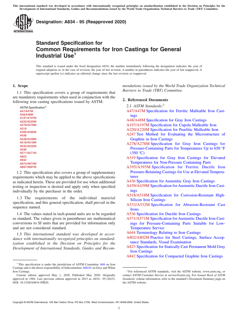 ASTM A834-95(2020) - Standard Specification for Common Requirements for Iron Castings for General Industrial   Use