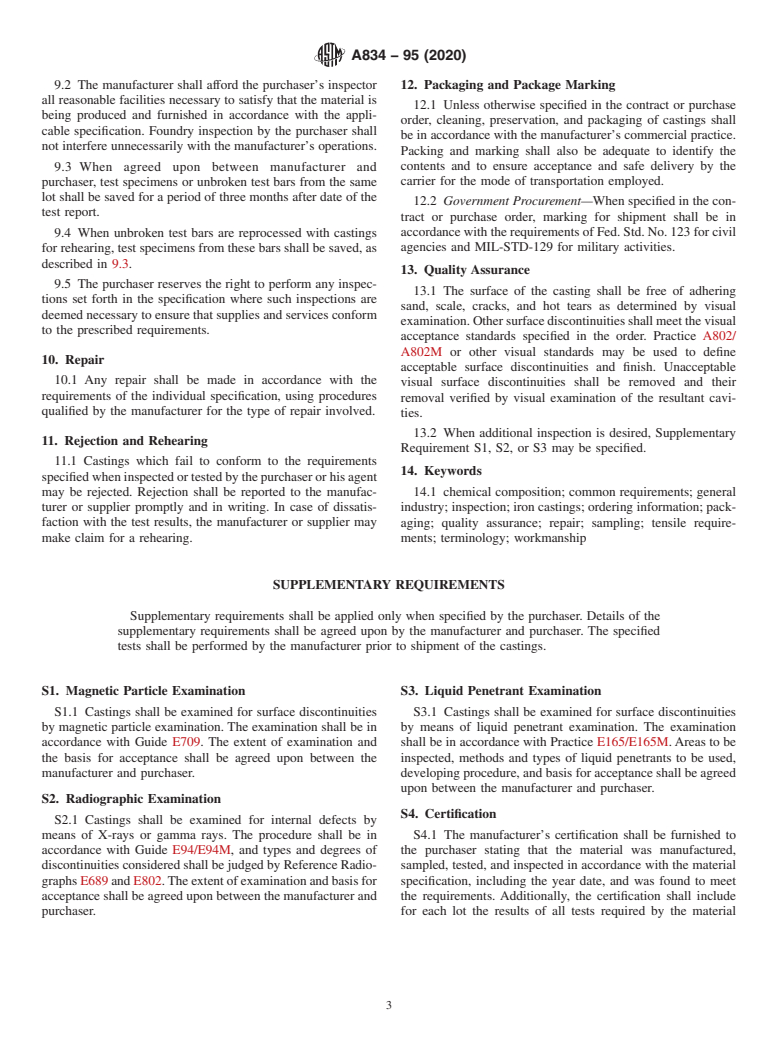 ASTM A834-95(2020) - Standard Specification for Common Requirements for Iron Castings for General Industrial   Use