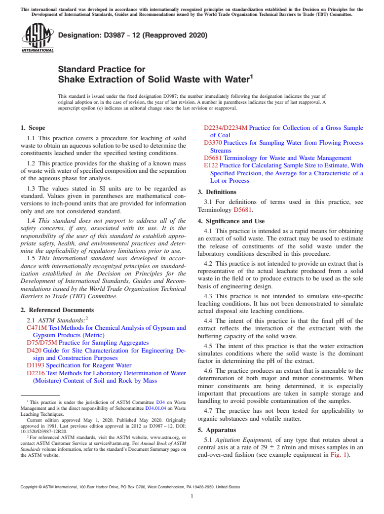 ASTM D3987-12(2020) - Standard Practice for Shake Extraction of Solid Waste with Water