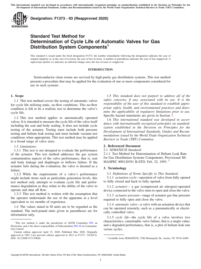 ASTM F1373-93(2020) - Standard Test Method for  Determination of Cycle Life of Automatic Valves for Gas Distribution  System Components