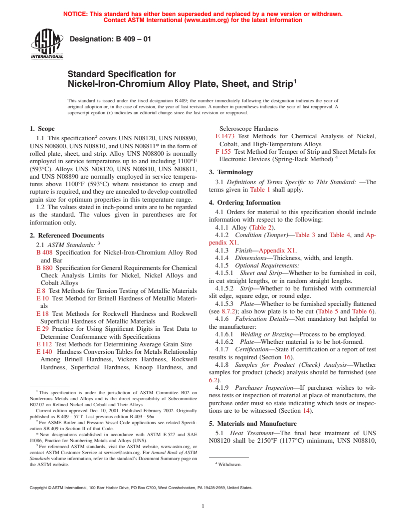 ASTM B409-01 - Standard Specification for Nickel-Iron-Chromium Alloy Plate, Sheet, and Strip