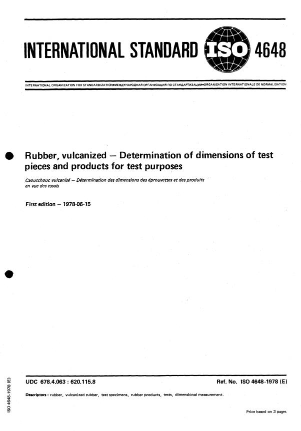 ISO 4648:1978 - Rubber, vulcanized -- Determination of dimensions of test pieces and products for test purposes