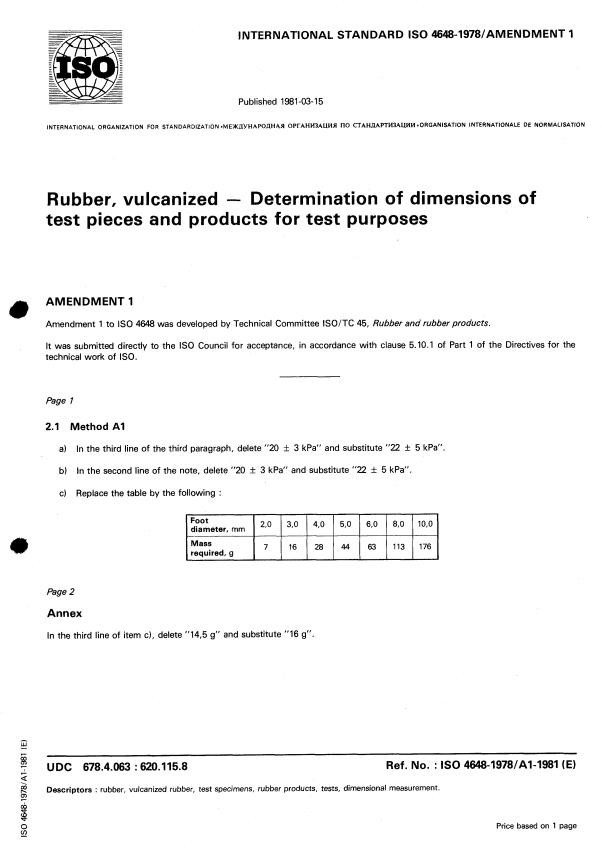 ISO 4648:1978 - Rubber, vulcanized -- Determination of dimensions of test pieces and products for test purposes