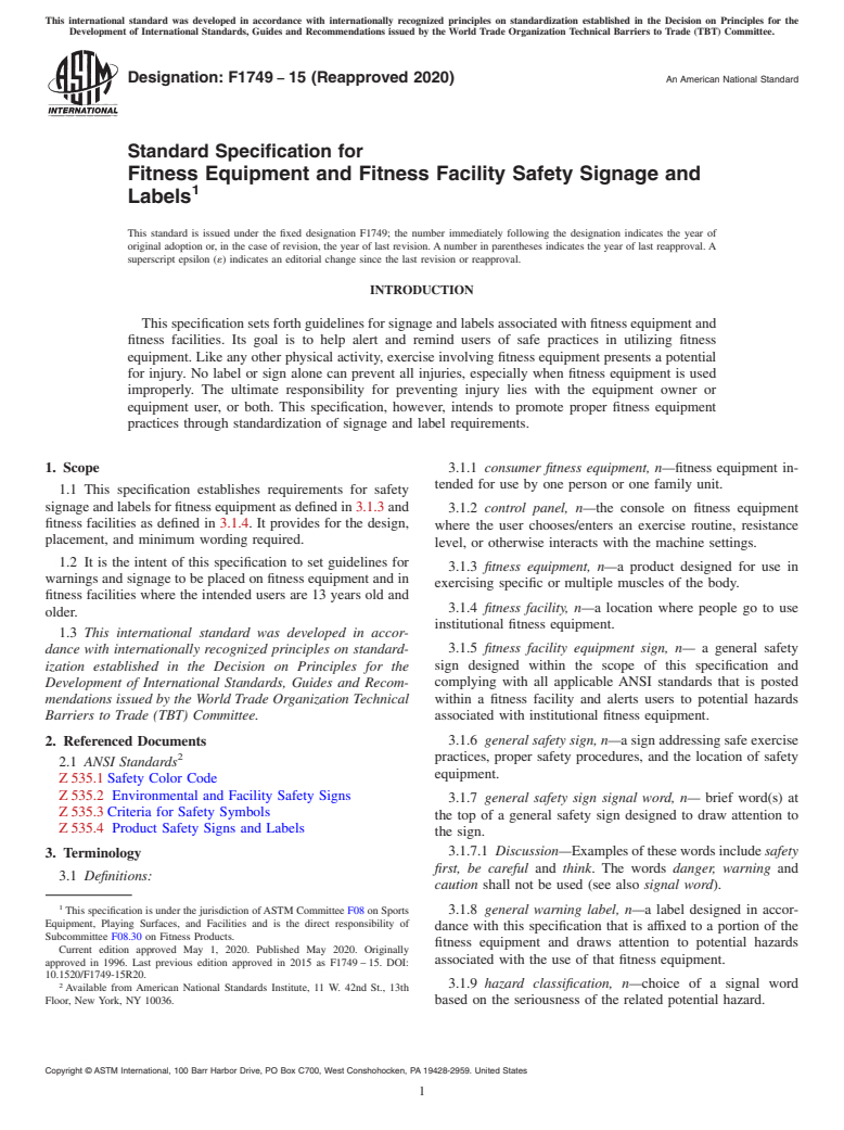 ASTM F1749-15(2020) - Standard Specification for Fitness Equipment and Fitness Facility Safety Signage and Labels