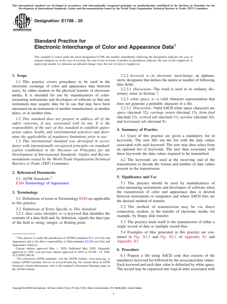 ASTM E1708-20 - Standard Practice for Electronic Interchange of Color and Appearance Data