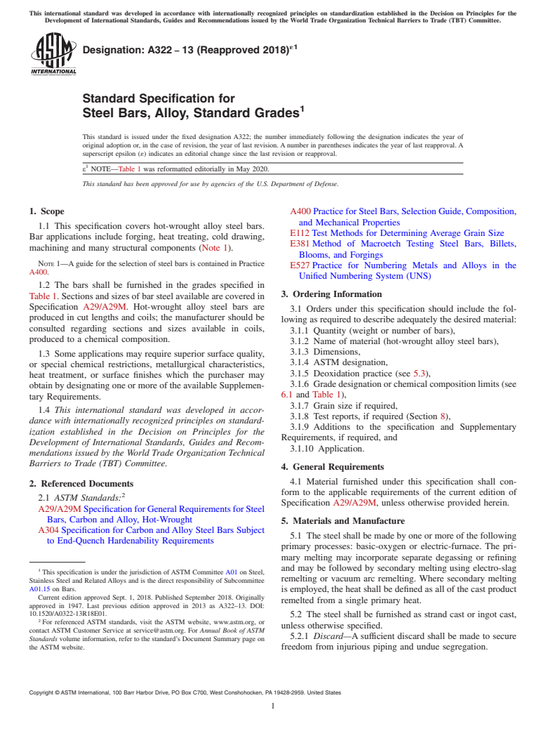 ASTM A322-13(2018)e1 - Standard Specification for Steel Bars, Alloy, Standard Grades