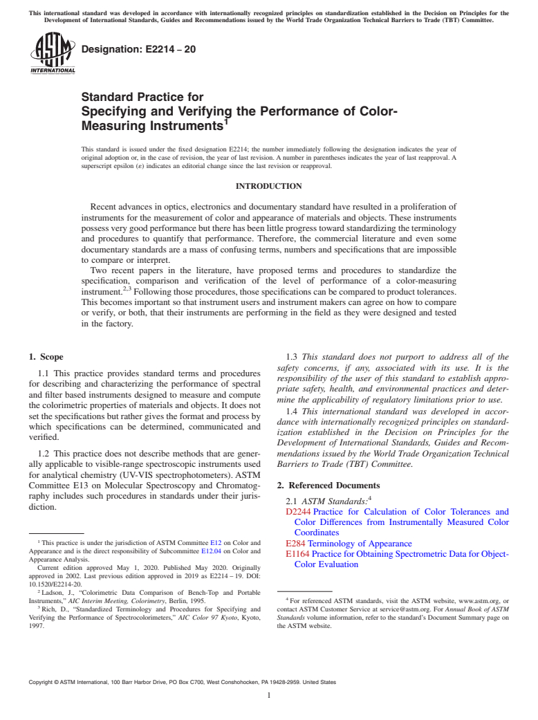 ASTM E2214-20 - Standard Practice for Specifying and Verifying the Performance of Color-Measuring  Instruments