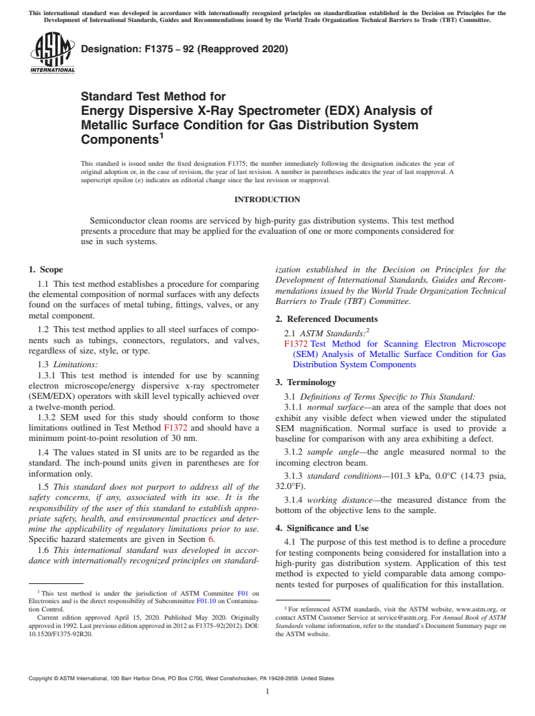 ASTM F1375-92(2020) - Standard Test Method for  Energy Dispersive X-Ray Spectrometer (EDX) Analysis of Metallic  Surface Condition for Gas Distribution System Components