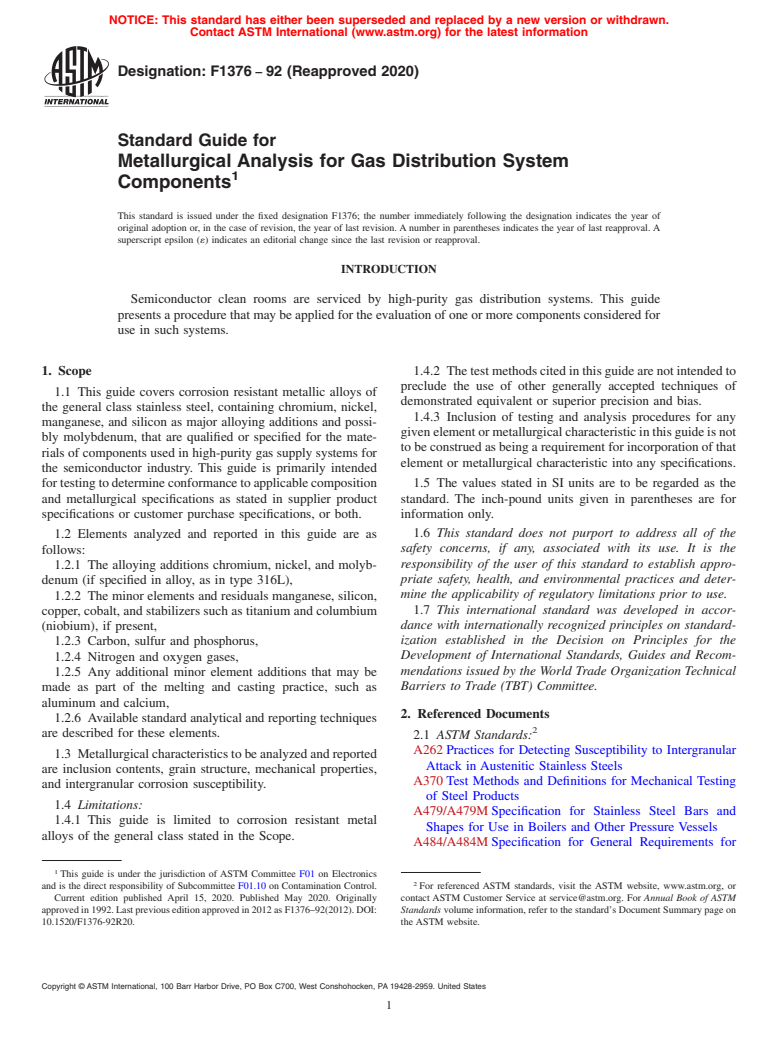 ASTM F1376-92(2020) - Standard Guide for  Metallurgical Analysis for Gas Distribution System Components (Withdrawn 2023)