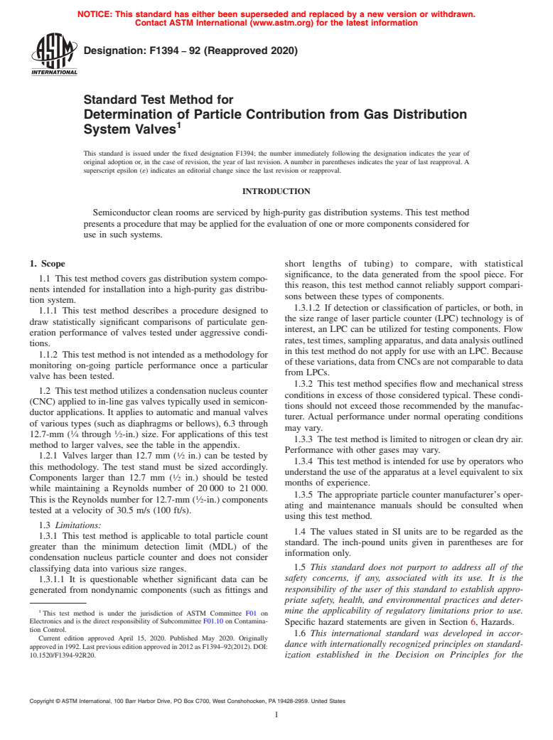 ASTM F1394-92(2020) - Standard Test Method for  Determination of Particle Contribution from Gas Distribution   System Valves (Withdrawn 2023)