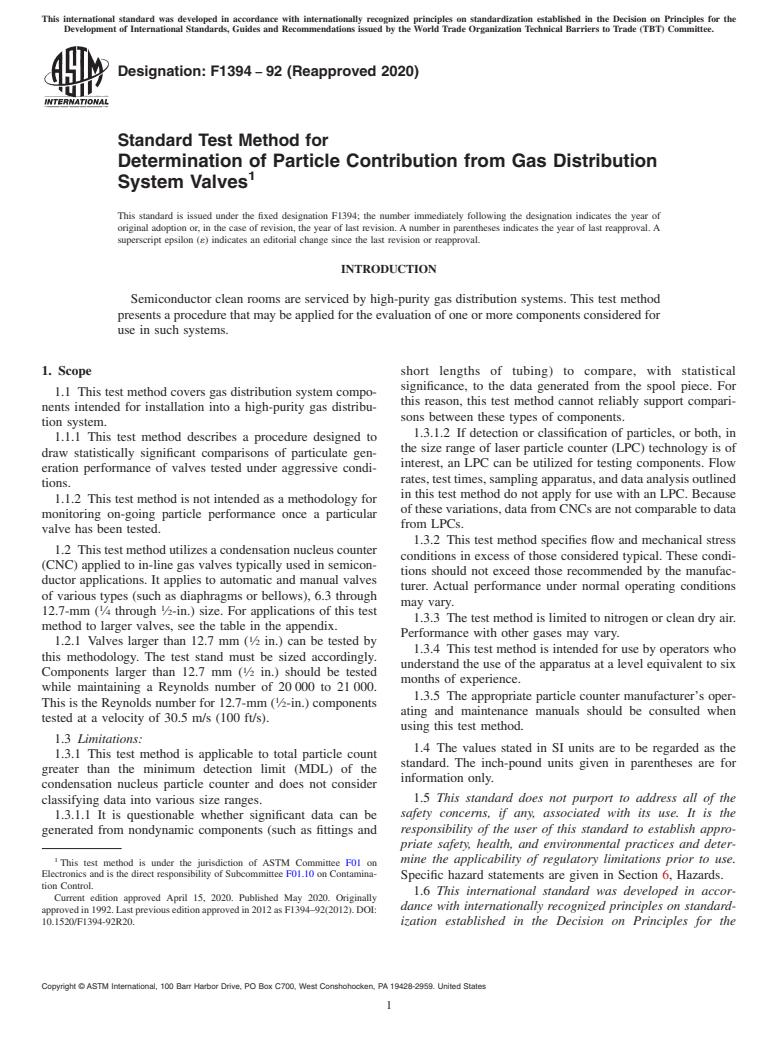 ASTM F1394-92(2020) - Standard Test Method for  Determination of Particle Contribution from Gas Distribution   System Valves