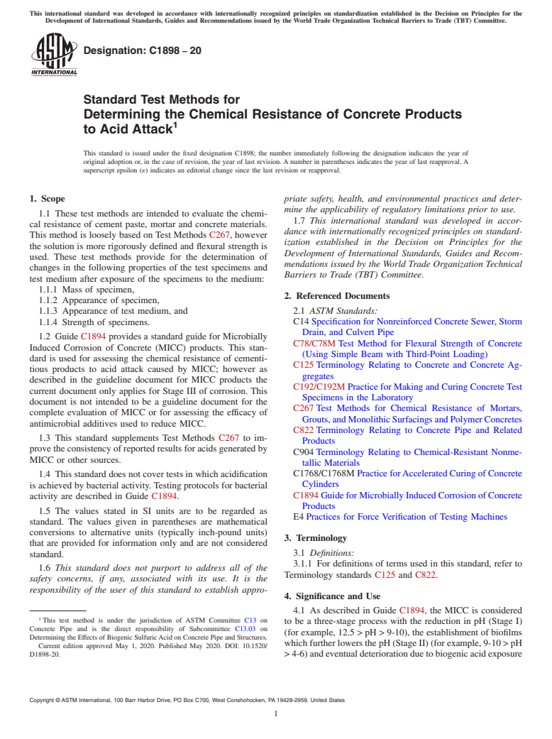 ASTM C1898-20 - Standard Test Methods for Determining the Chemical Resistance of Concrete Products to  Acid Attack