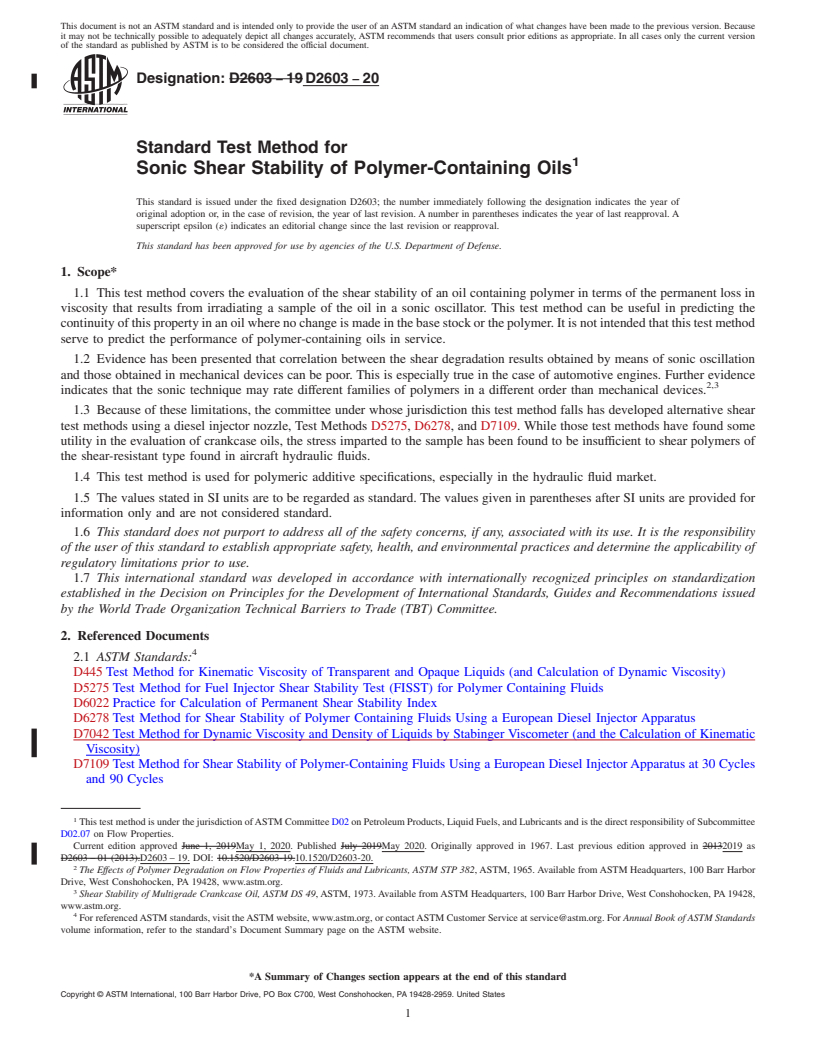 REDLINE ASTM D2603-20 - Standard Test Method for  Sonic Shear Stability of Polymer-Containing Oils