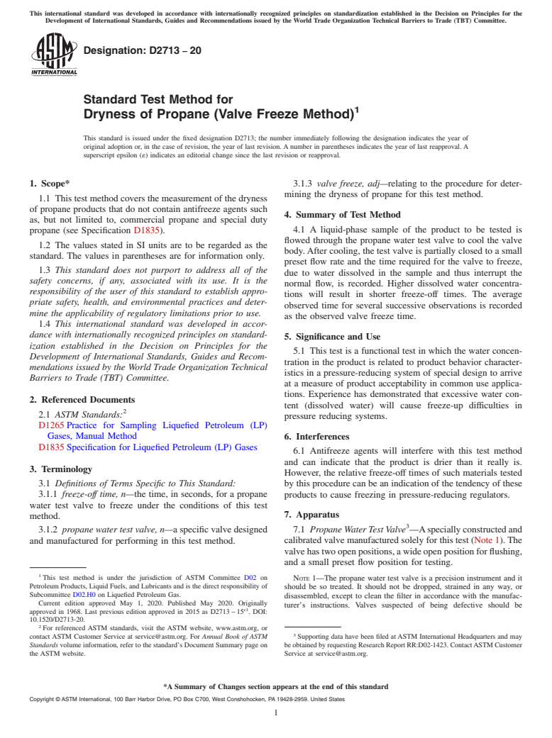 ASTM D2713-20 - Standard Test Method for  Dryness of Propane (Valve Freeze Method)