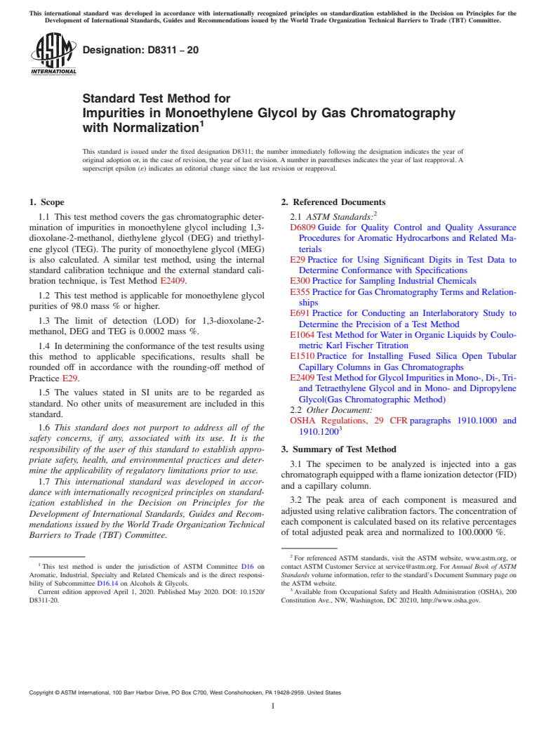 ASTM D8311-20 - Standard Test Method for Impurities in Monoethylene Glycol by Gas Chromatography with  Normalization
