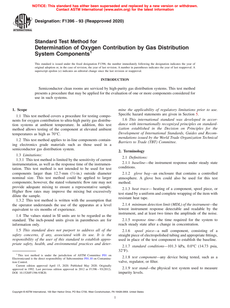 ASTM F1396-93(2020) - Standard Test Method for  Determination of Oxygen Contribution by Gas Distribution System  Components (Withdrawn 2023)