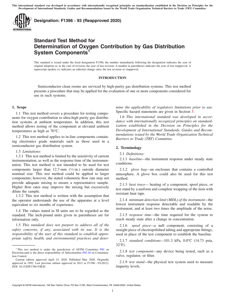 ASTM F1396-93(2020) - Standard Test Method for  Determination of Oxygen Contribution by Gas Distribution System  Components