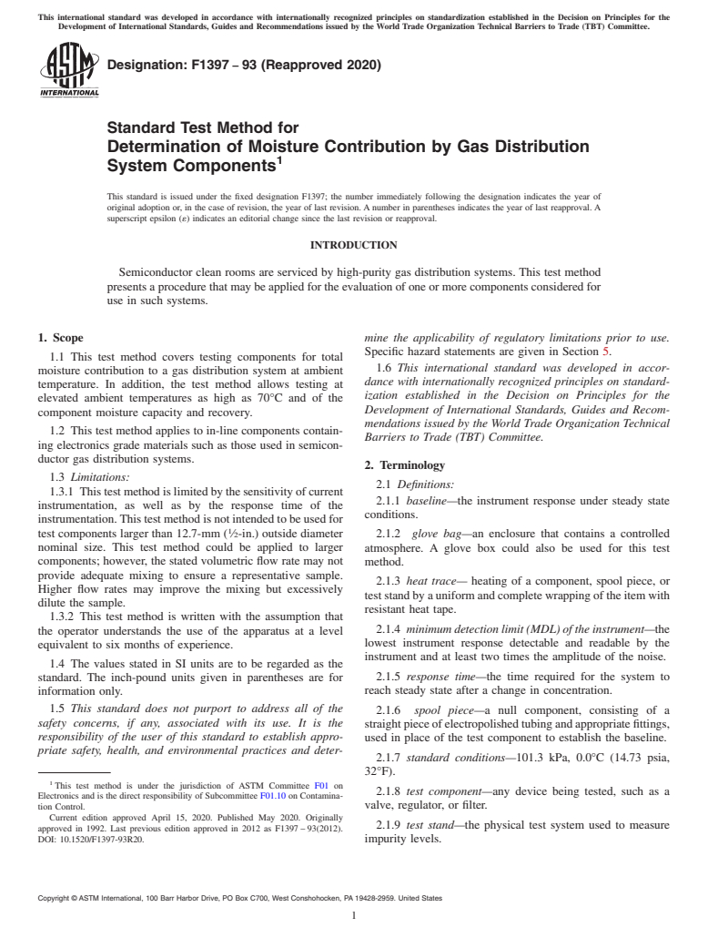 ASTM F1397-93(2020) - Standard Test Method for  Determination of Moisture Contribution by Gas Distribution   System Components