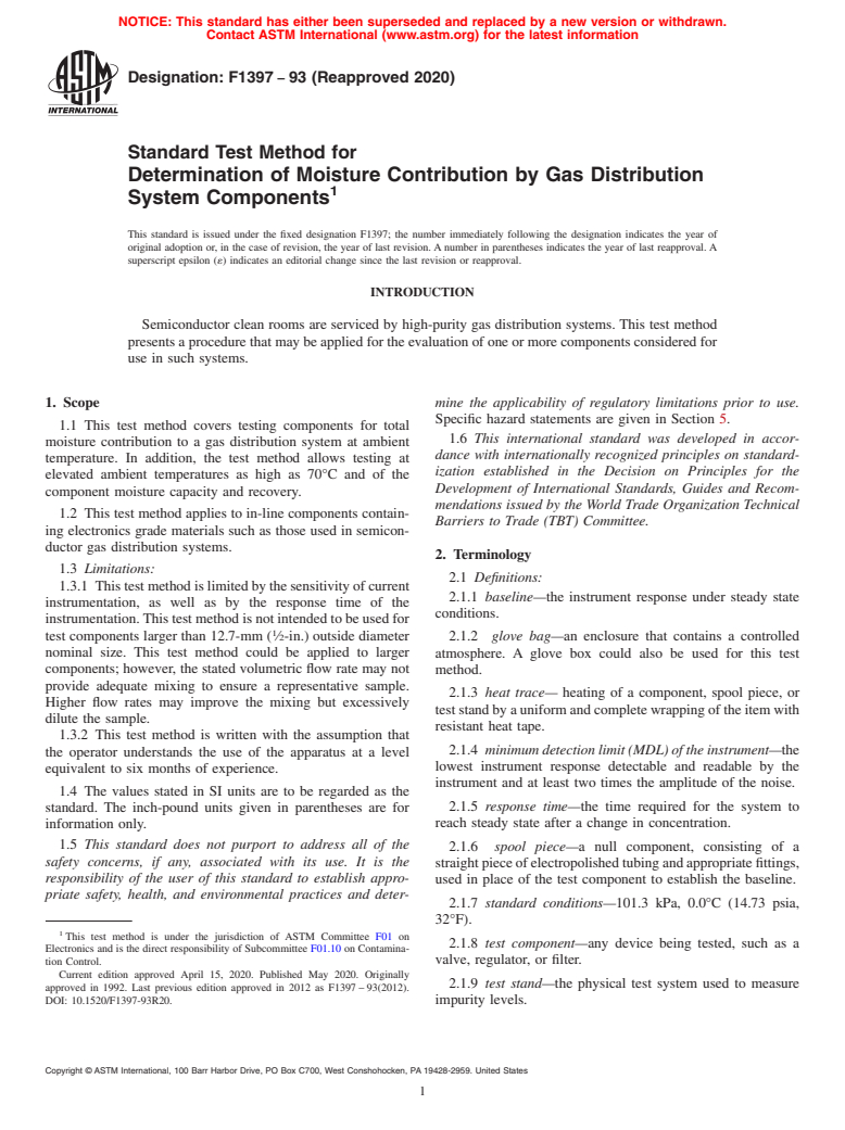 ASTM F1397-93(2020) - Standard Test Method for  Determination of Moisture Contribution by Gas Distribution   System Components (Withdrawn 2023)