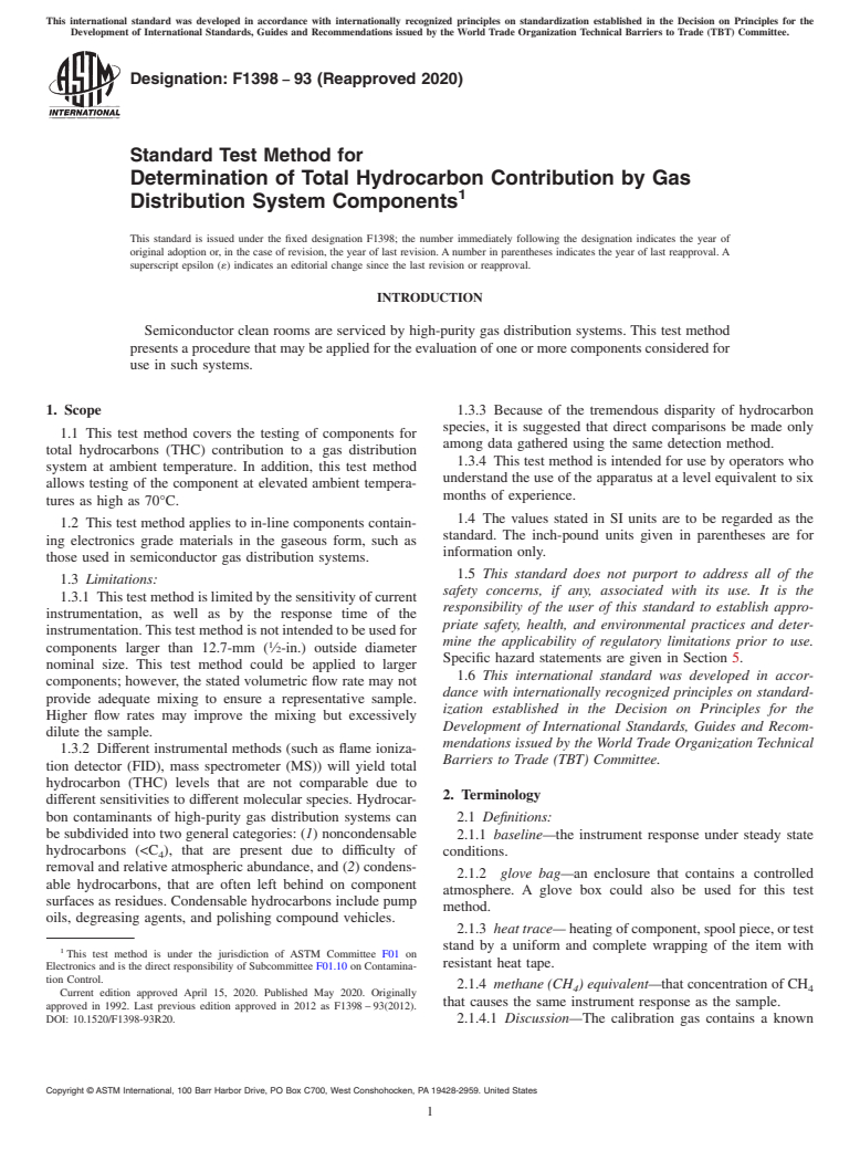 ASTM F1398-93(2020) - Standard Test Method for  Determination of Total Hydrocarbon Contribution by Gas Distribution  System Components