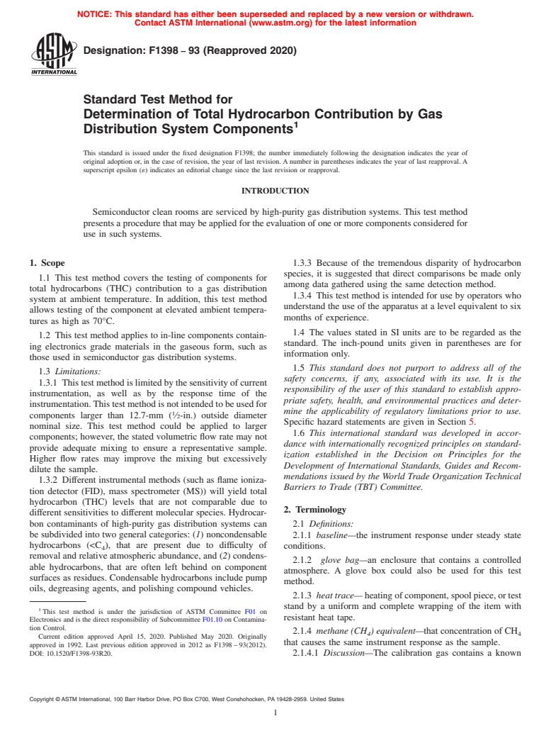 ASTM F1398-93(2020) - Standard Test Method for  Determination of Total Hydrocarbon Contribution by Gas Distribution  System Components (Withdrawn 2023)