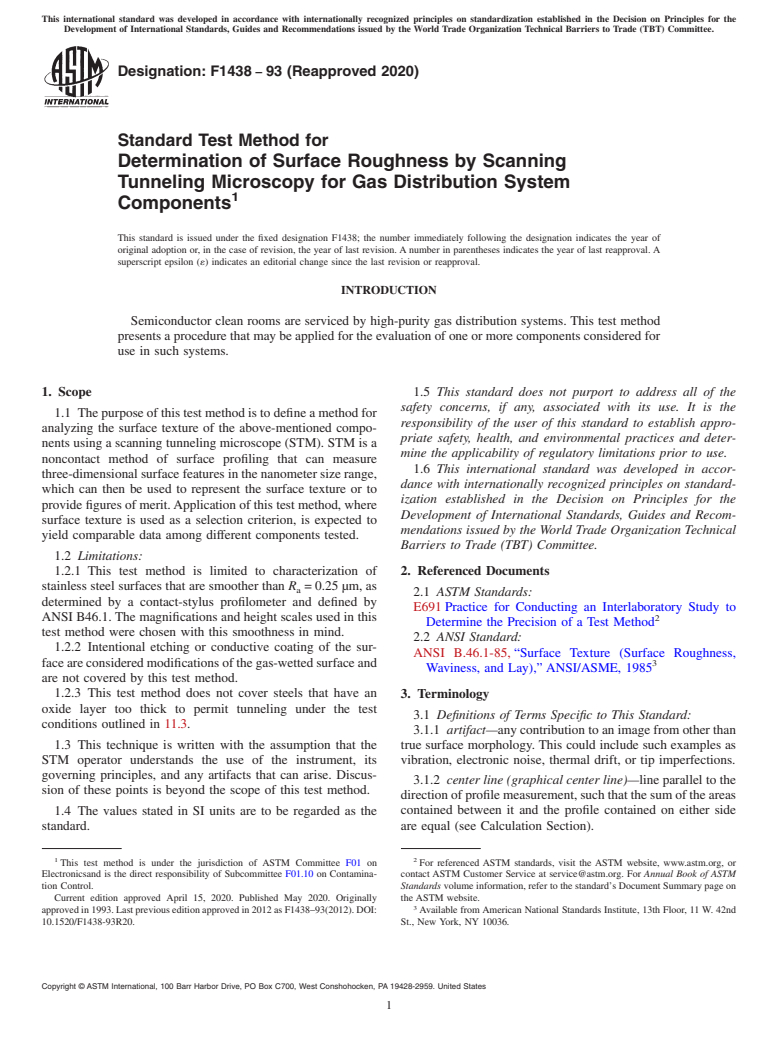 ASTM F1438-93(2020) - Standard Test Method for  Determination of Surface Roughness by Scanning Tunneling Microscopy  for Gas Distribution System Components