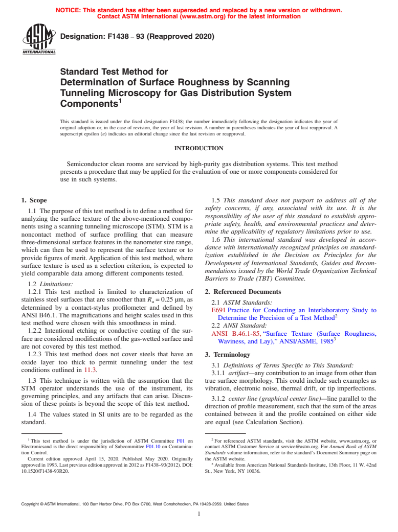 ASTM F1438-93(2020) - Standard Test Method for  Determination of Surface Roughness by Scanning Tunneling Microscopy  for Gas Distribution System Components (Withdrawn 2023)