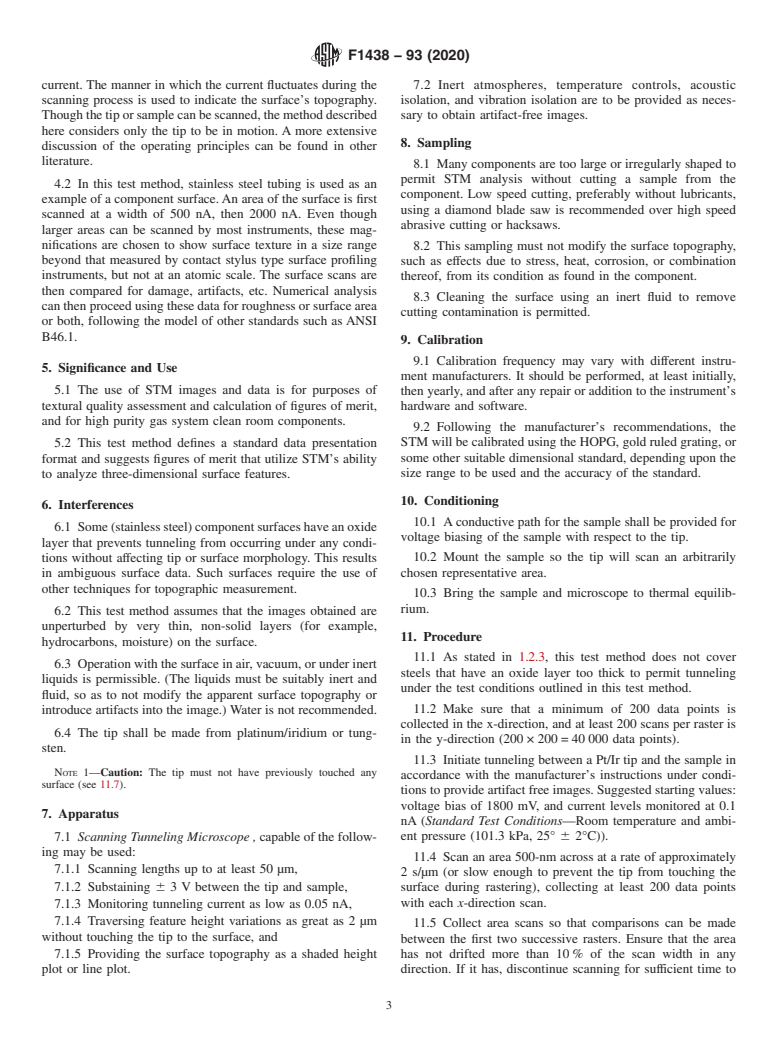 ASTM F1438-93(2020) - Standard Test Method for  Determination of Surface Roughness by Scanning Tunneling Microscopy  for Gas Distribution System Components (Withdrawn 2023)