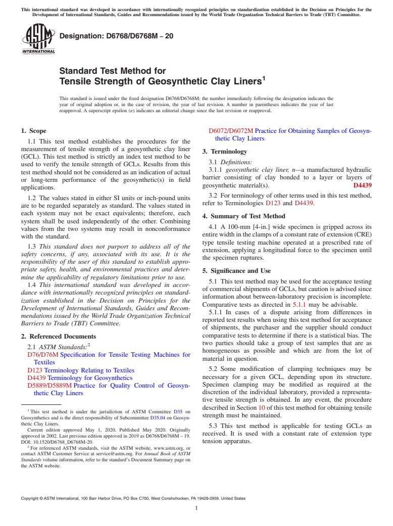 ASTM D6768/D6768M-20 - Standard Test Method for Tensile Strength of Geosynthetic Clay Liners