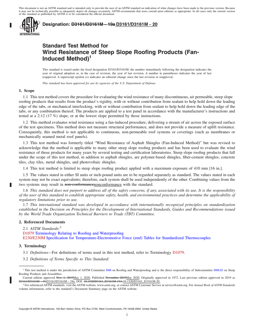 REDLINE ASTM D3161/D3161M-20 - Standard Test Method for  Wind Resistance of Steep Slope Roofing Products (Fan-Induced  Method)