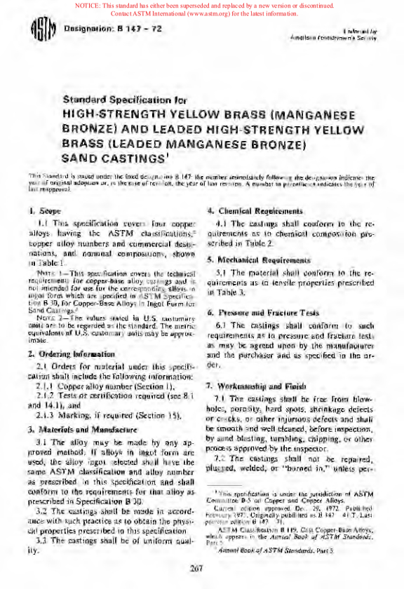 ASTM B147-72 - Specification for High-Strength Yellow Brass (Manganese Bronze) and Leaded High-Strength Yellow Brass (Leaded Manganese Bronze) Sand Castings (Withdrawn 1972)