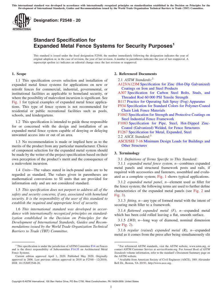ASTM F2548-20 - Standard Specification for  Expanded Metal Fence Systems for Security Purposes