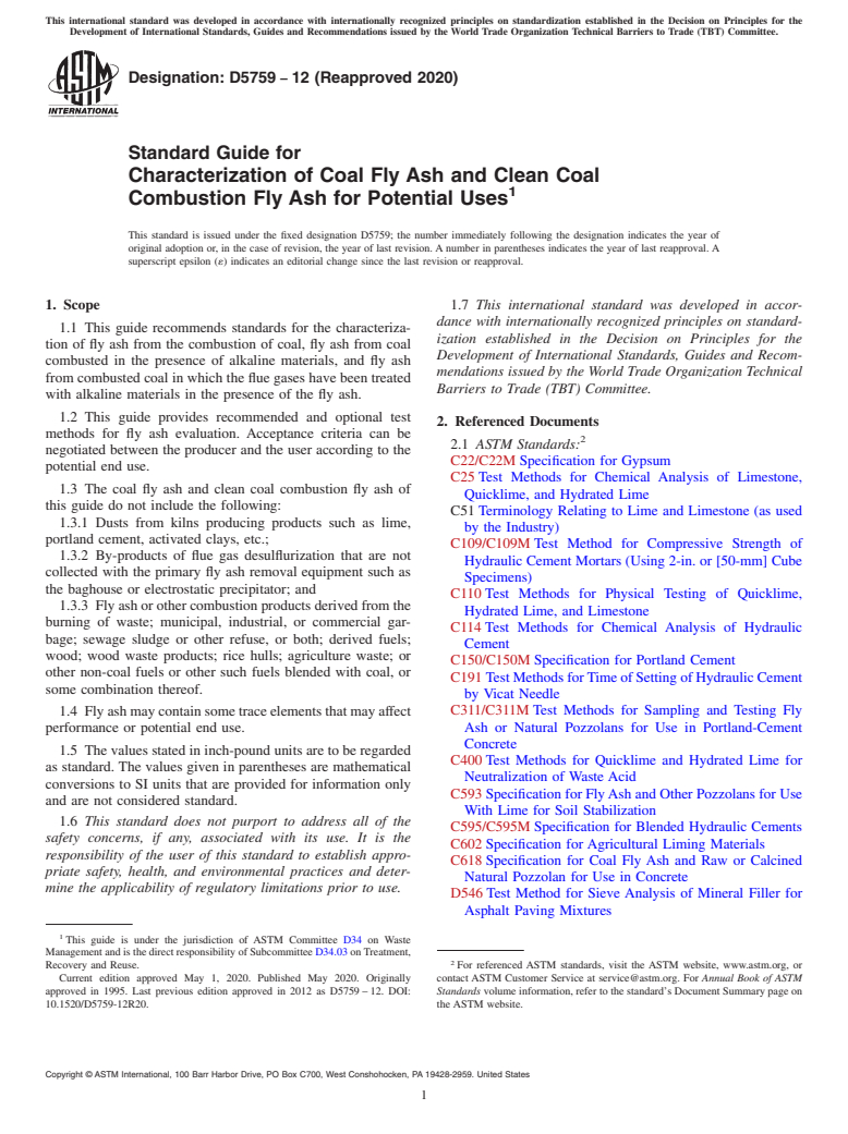 ASTM D5759-12(2020) - Standard Guide for Characterization of Coal Fly Ash and Clean Coal Combustion  Fly Ash for Potential Uses