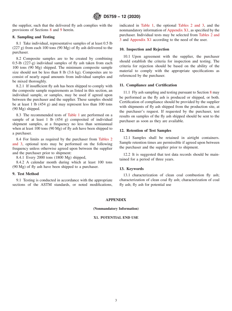 ASTM D5759-12(2020) - Standard Guide for Characterization of Coal Fly Ash and Clean Coal Combustion  Fly Ash for Potential Uses