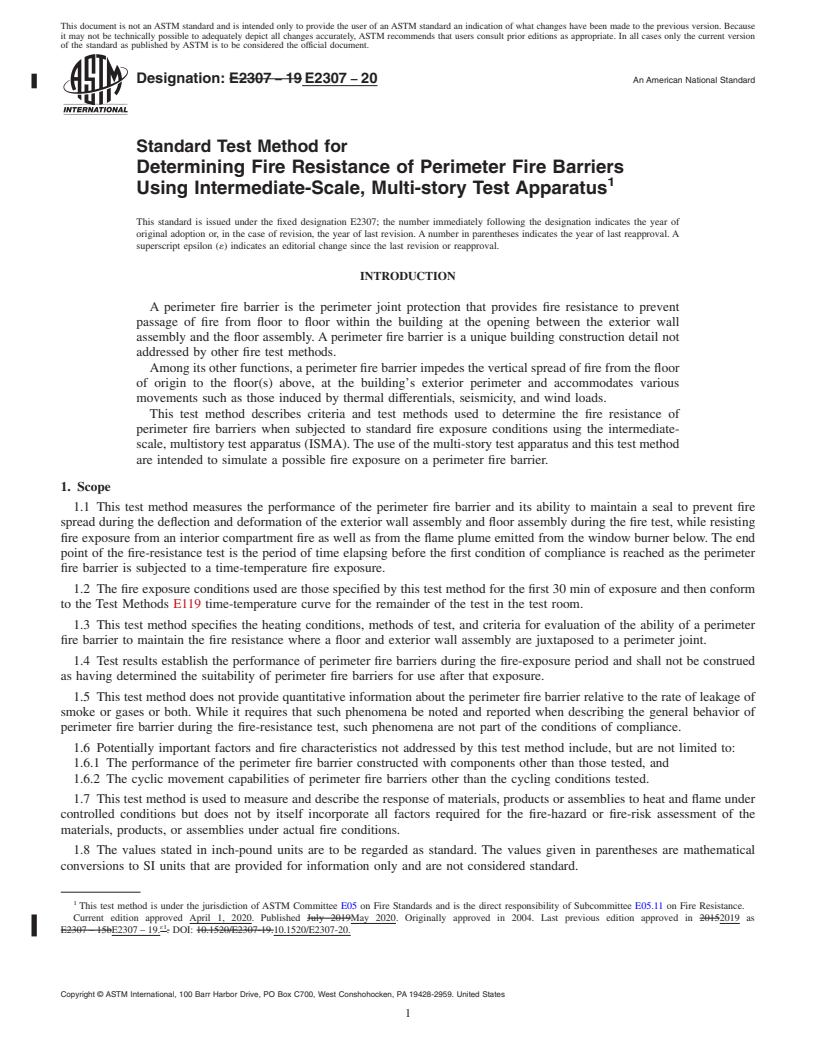 REDLINE ASTM E2307-20 - Standard Test Method for  Determining Fire Resistance of Perimeter Fire Barriers Using  Intermediate-Scale, Multi-story Test Apparatus