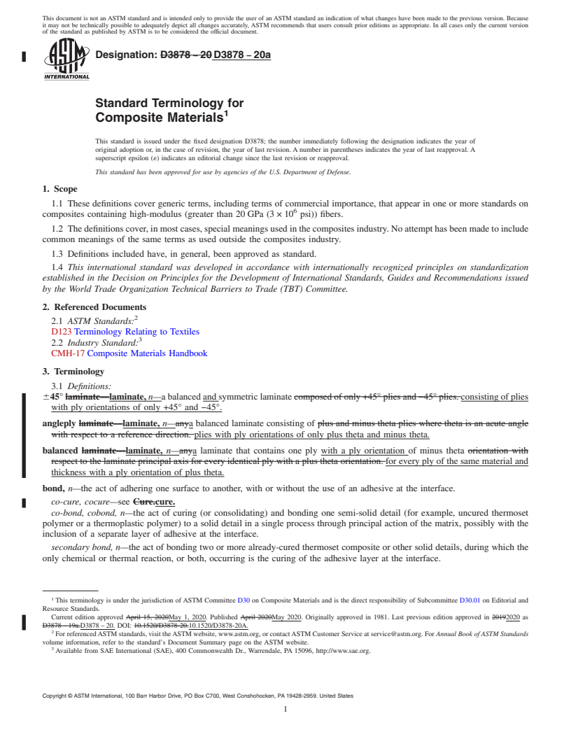 REDLINE ASTM D3878-20a - Standard Terminology for  Composite Materials