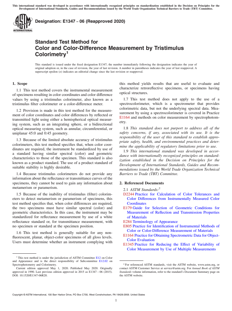 ASTM E1347-06(2020) - Standard Test Method for Color and Color-Difference Measurement by Tristimulus Colorimetry