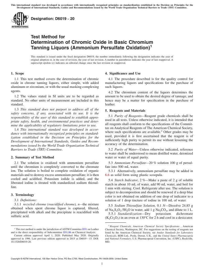 ASTM D6019-20 - Test Method for  Determination of Chromic Oxide in Basic Chromium Tanning Liquors  (Ammonium Persulfate Oxidation)
