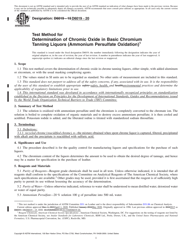 REDLINE ASTM D6019-20 - Test Method for  Determination of Chromic Oxide in Basic Chromium Tanning Liquors  (Ammonium Persulfate Oxidation)