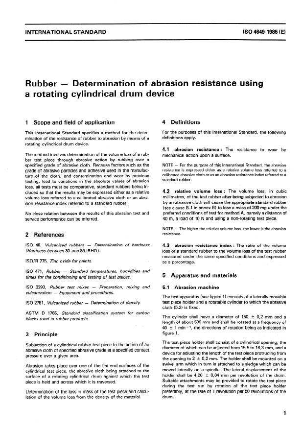 ISO 4649:1985 - Rubber -- Determination of abrasion resistance using a rotating cylindrical drum device