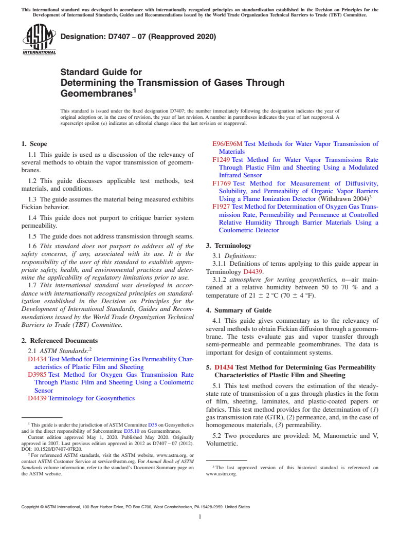 ASTM D7407-07(2020) - Standard Guide for Determining the Transmission of Gases Through Geomembranes