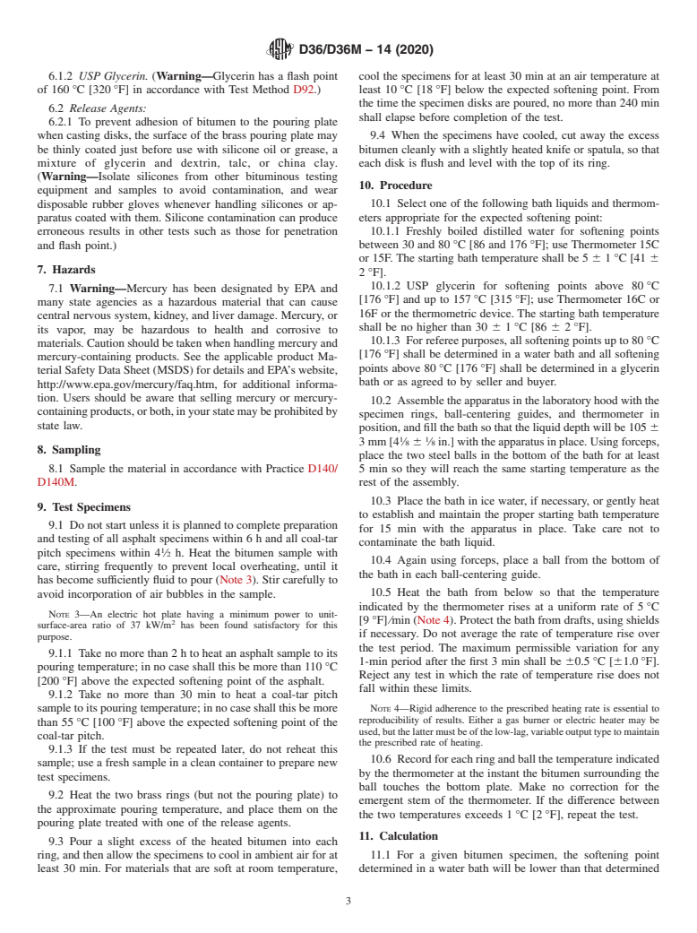 ASTM D36/D36M-14(2020) - Standard Test Method for Softening Point of Bitumen (Ring-and-Ball Apparatus)