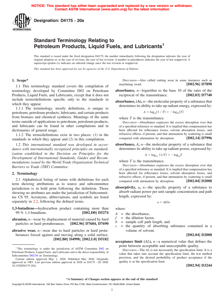 ASTM D4175-20a - Standard Terminology Relating to Petroleum Products, Liquid Fuels, and Lubricants