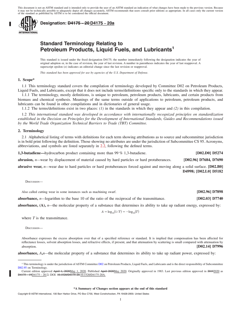 REDLINE ASTM D4175-20a - Standard Terminology Relating to Petroleum Products, Liquid Fuels, and Lubricants