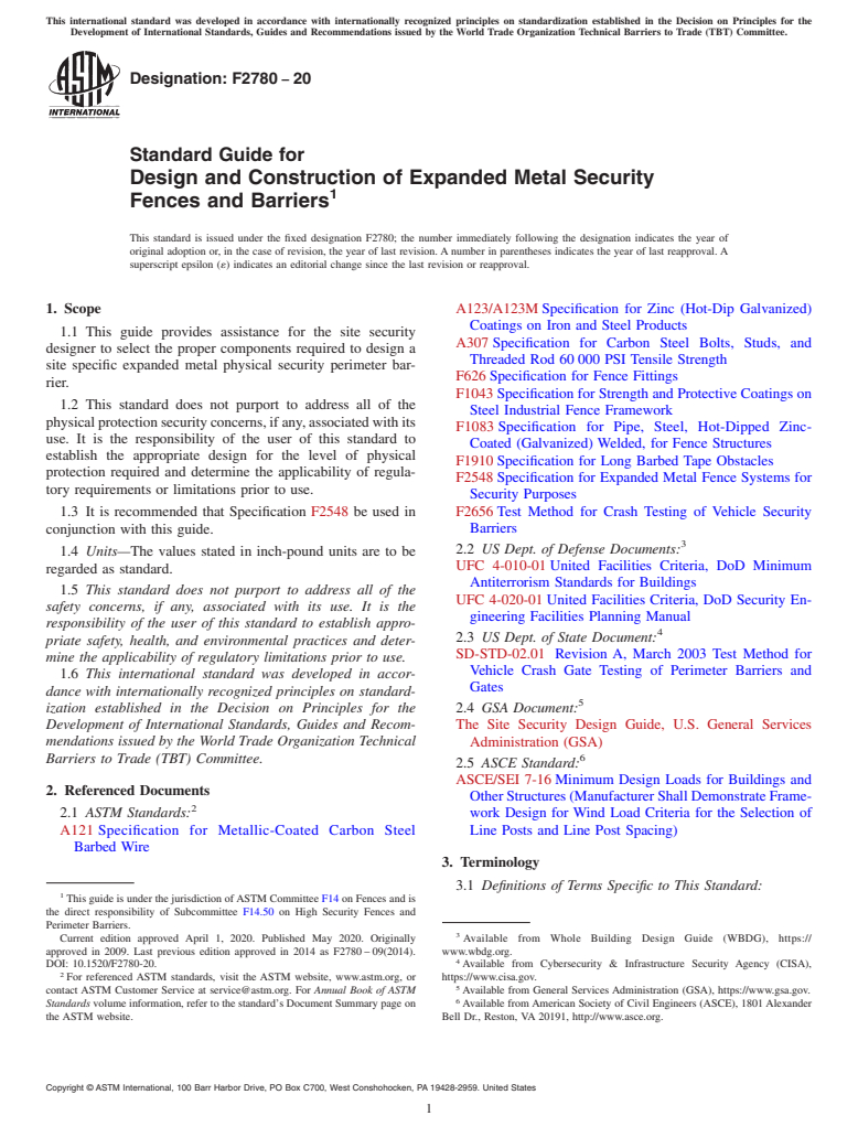 ASTM F2780-20 - Standard Guide for  Design and Construction of Expanded Metal Security Fences and   Barriers