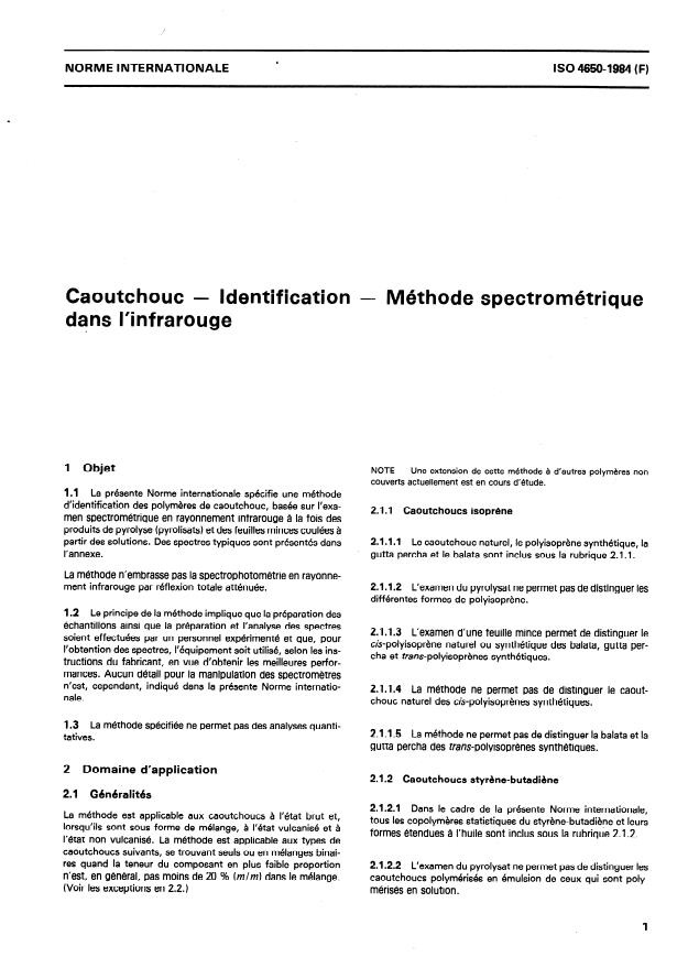 ISO 4650:1984 - Caoutchouc -- Identification -- Méthode spectrométrique dans l'infrarouge