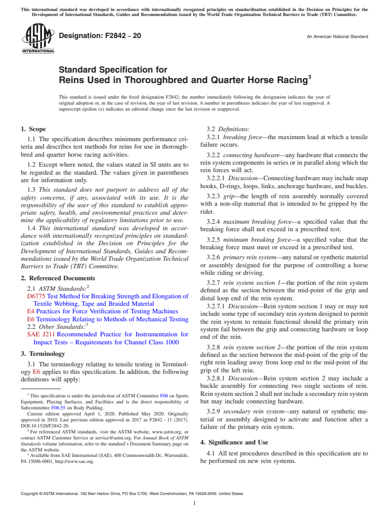 ASTM F2842-20 - Standard Specification for  Reins Used in Thoroughbred and Quarter Horse Racing