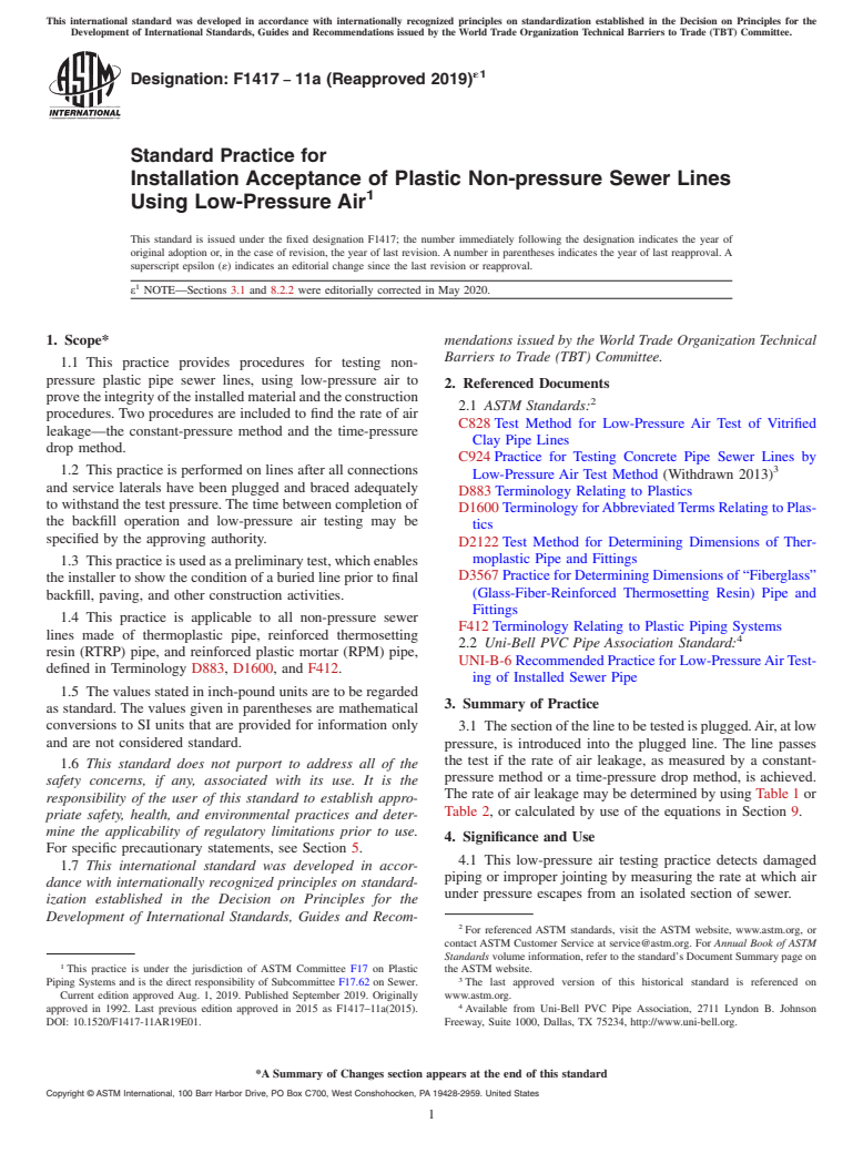 ASTM F1417-11A(2019)e1 - Standard Practice for Installation Acceptance of Plastic Non-pressure Sewer Lines  Using Low-Pressure Air