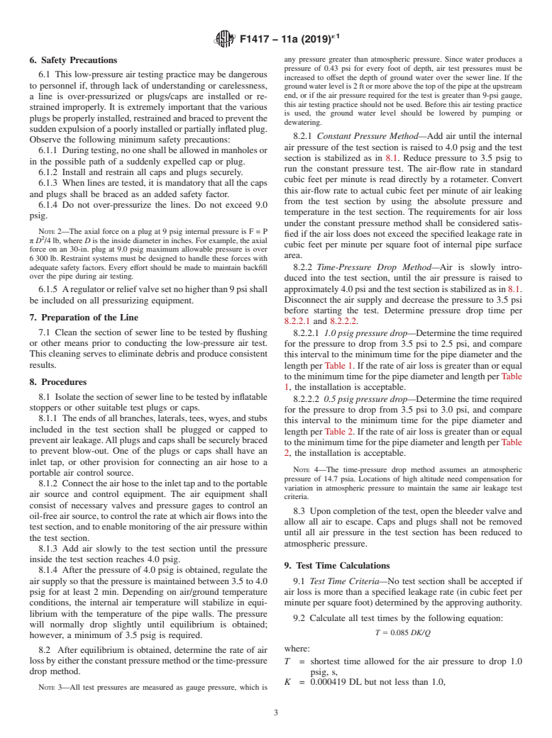 ASTM F1417-11A(2019)e1 - Standard Practice for Installation Acceptance of Plastic Non-pressure Sewer Lines  Using Low-Pressure Air